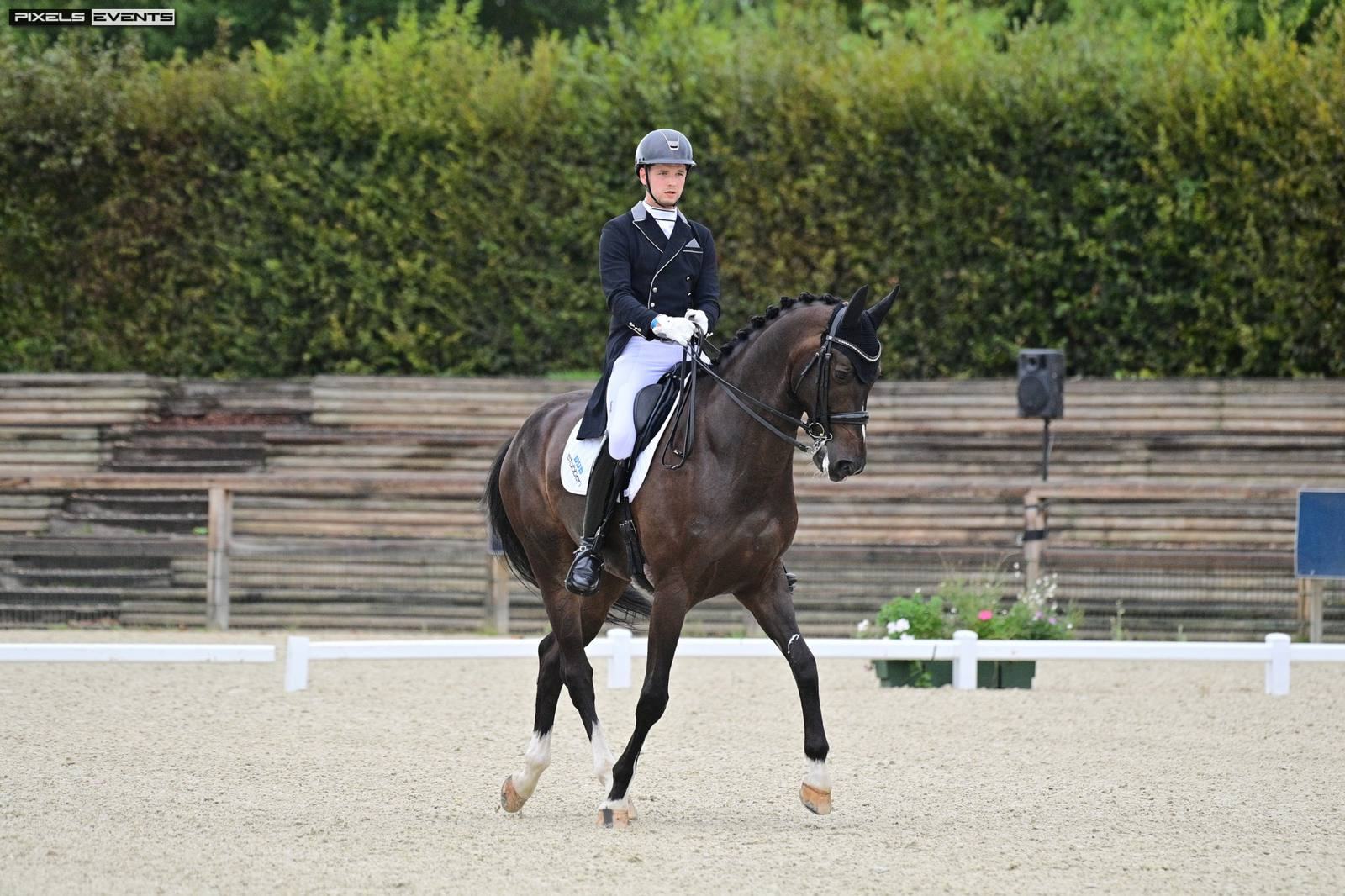 Tristan Le Minoux à cheval, en contre-jour, dans la poussière du manège